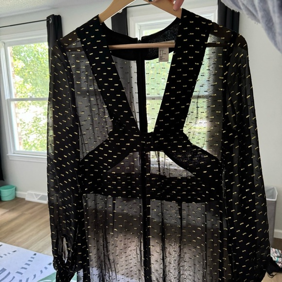 HM Long Sleeve Sheer Maxi Dress 94% Silk Black and Gold Size 8 - Picture 12 of 16